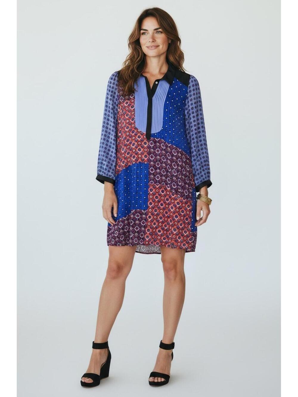 EUC Anthro Moulinette Soeurs Patchwork Silk Foulard Tunic Shirt Dress, Medium